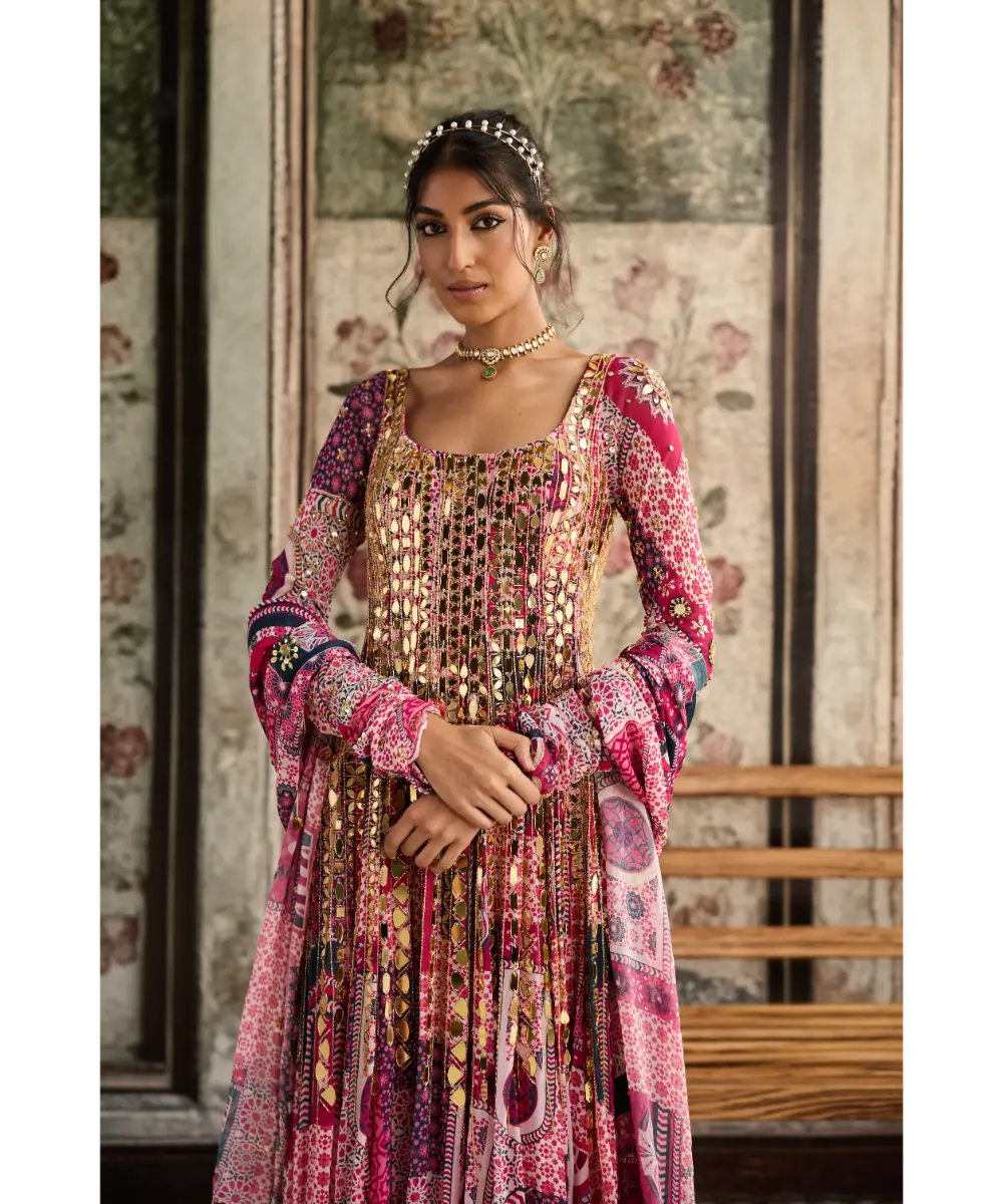 DIYARAJVVIR - FUSCHIA PRINT AND HIGHLIGHTED ANARKALI SET